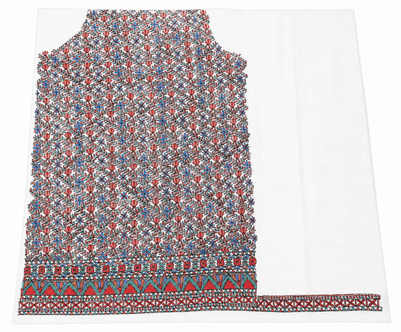 Hand-painted Tussar Munga Silk Suit Set with Floral Vine Artwork, Artistic Red Accents and Elegant Aanchal Dupatta
