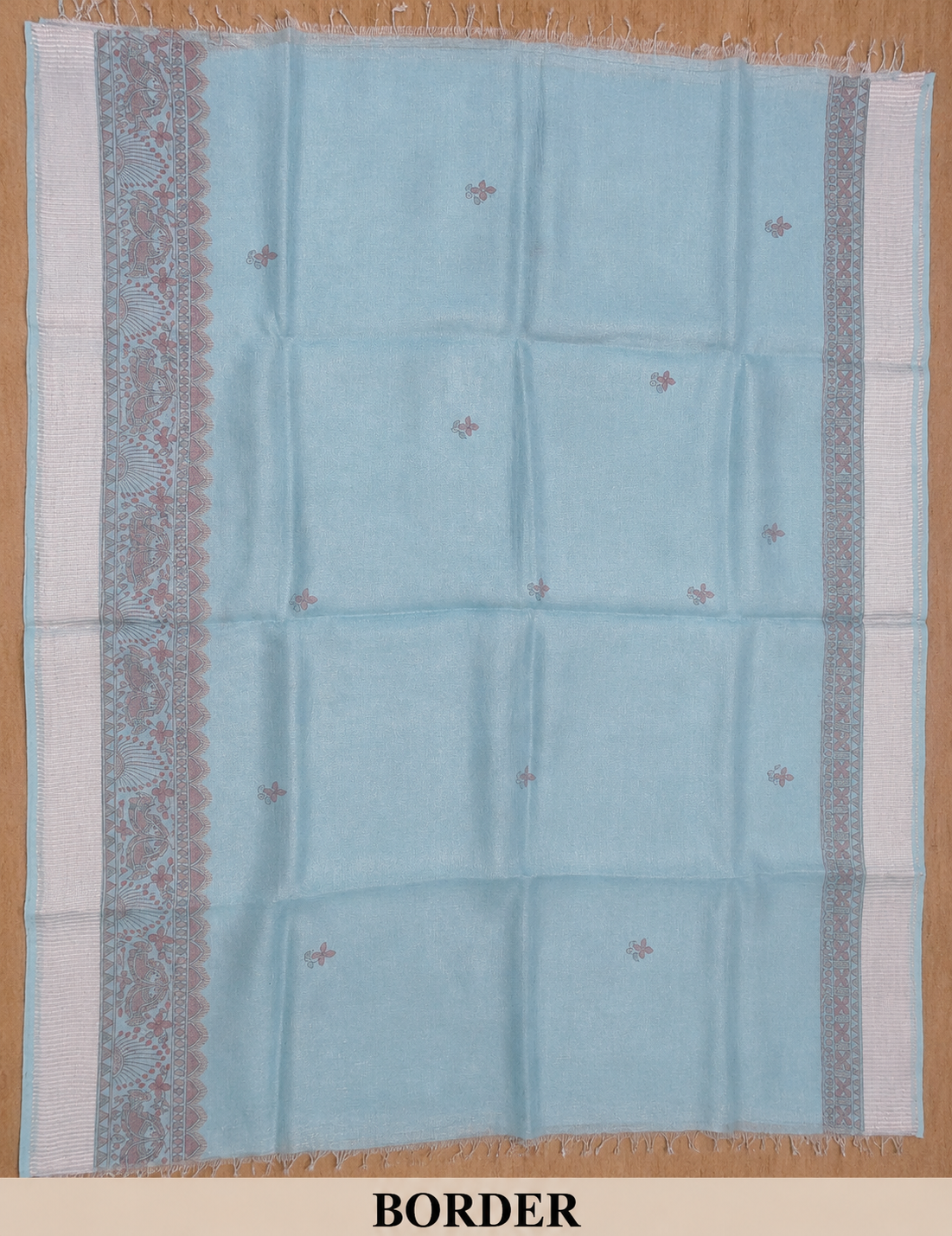Hand-painted Sky Blue Tissue Linen Madhubani Saree with Fish Motifs & Mandala Pallu