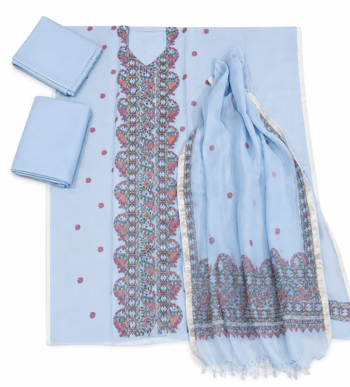 Hand-painted Madhubani Unstitched Suit Set with Mithila Panel Artwork, Aquatic-Inspired Illustrations and Floral Vine Boutique Detailing