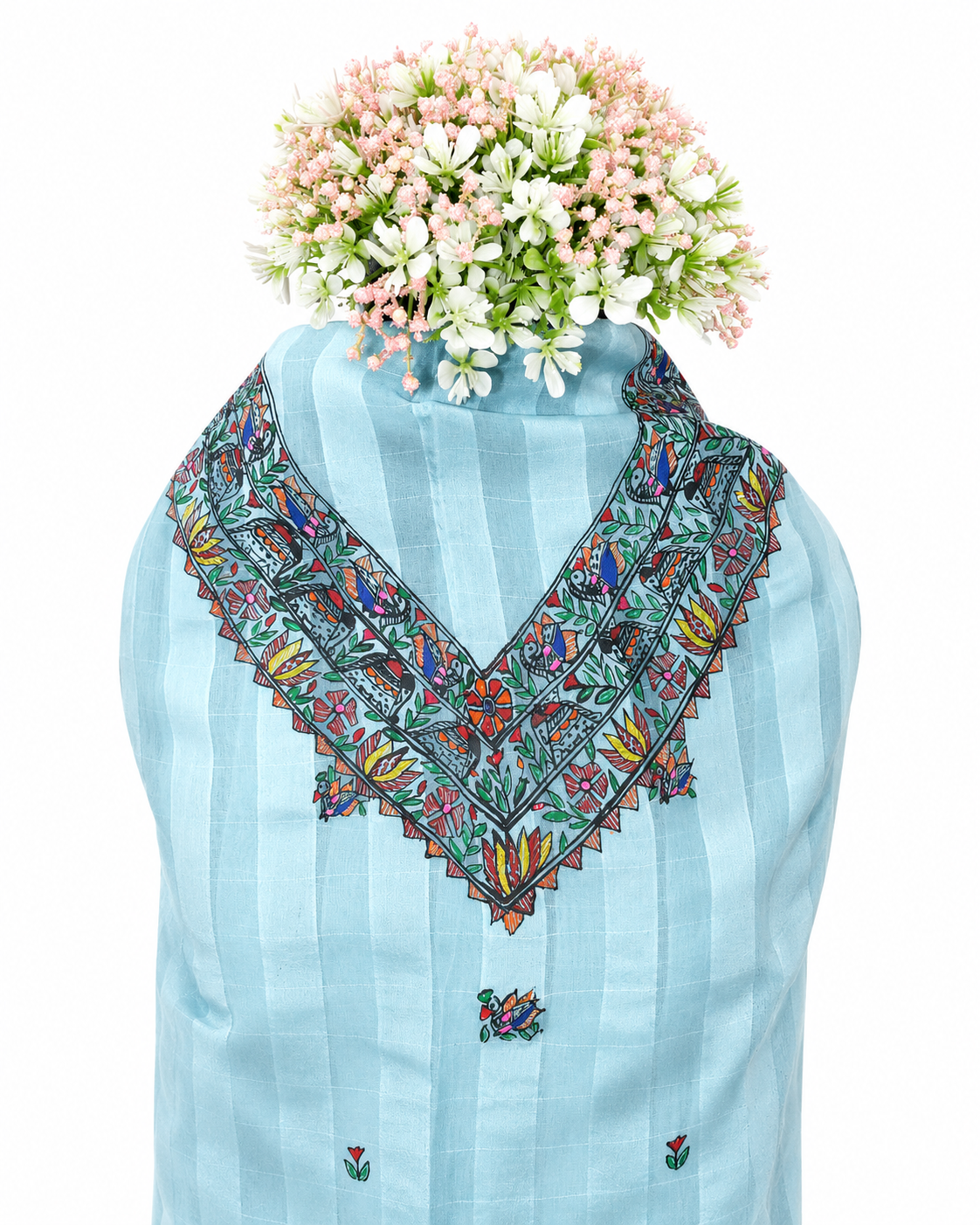 Handpainted Madhubani Organza Suit Set with Peacock and Elephant-Inspired Folk Art, Doli Ka Haar Dupatta Design and Buti Detailing