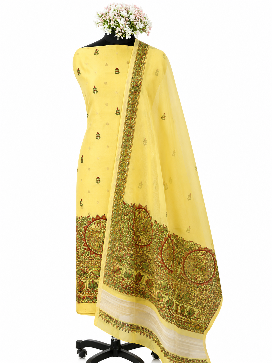 Hand-painted Madhubani Chanderi Suit Set with Artistic Boutique Detailing, Peacock and Aquatic-Inspired Illustrations and Coordinated Dupatta