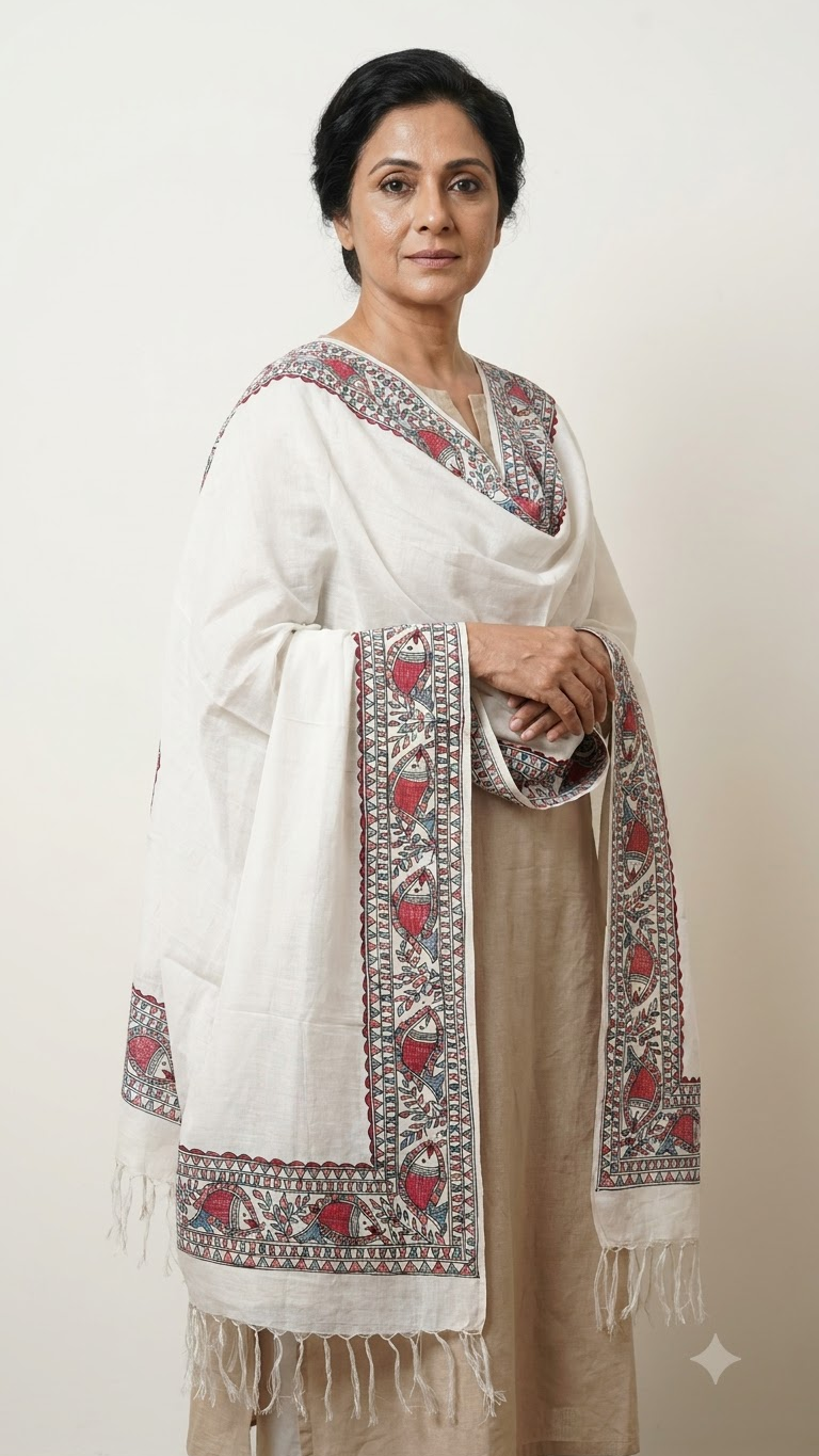 Premium White Tussar Munga Silk Hand-Painted Madhubani Fish Motif Stole