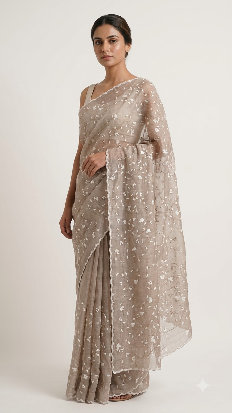 Hand-crafted Premium Desi Tussar Silk Saree with All-Over Appliqué and Patti Work