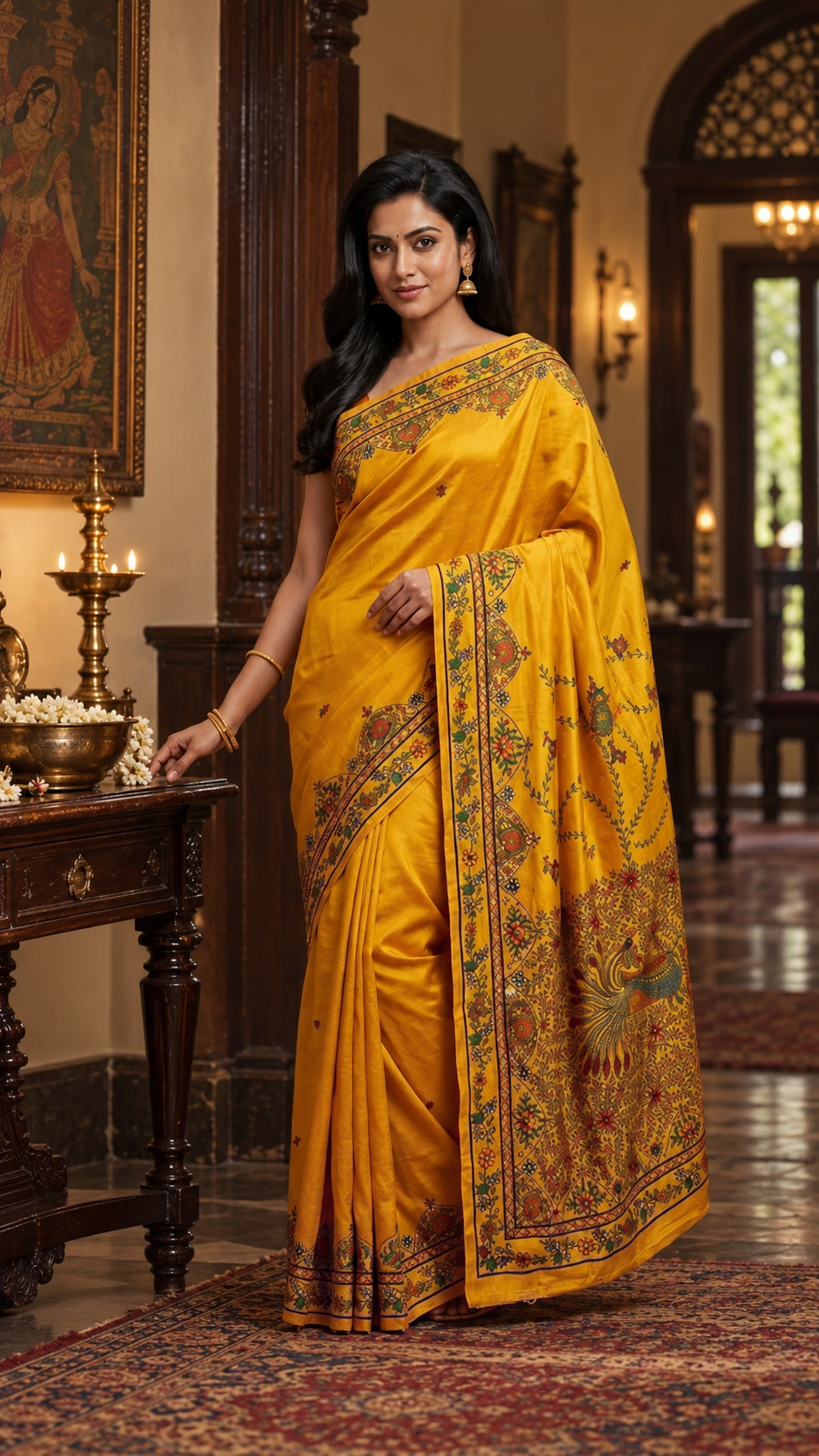 Handpainted Madhubani Saree with Hand Embroidery (AARI WORK) – Dancing Peacocks Design in Honey Gold
