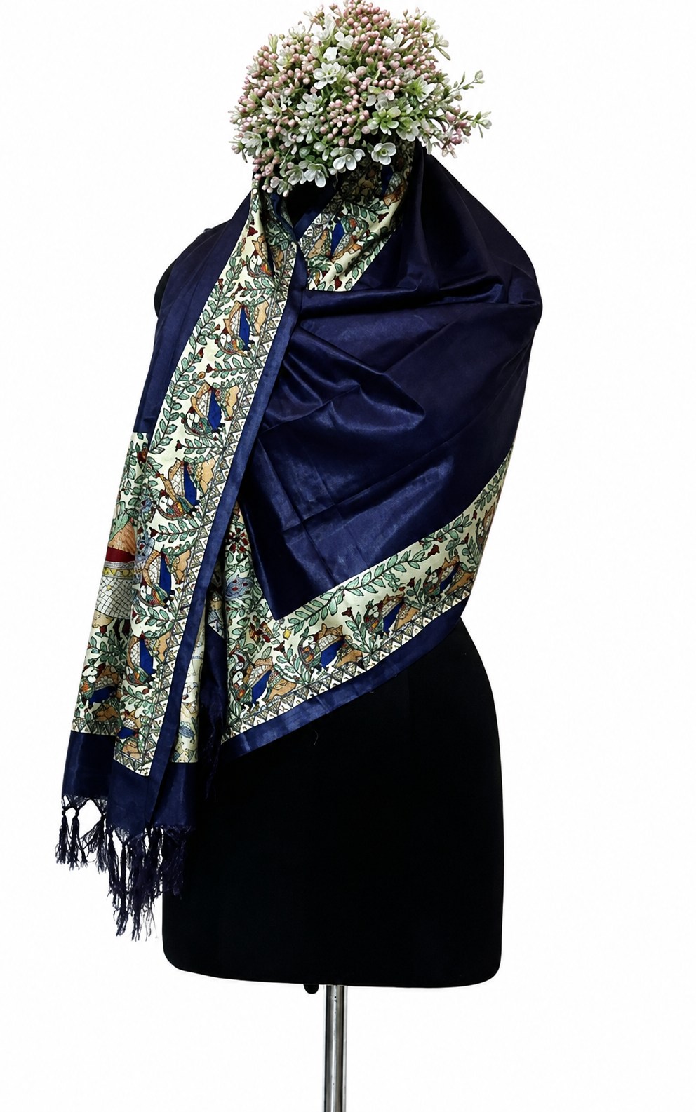 Handpainted Madhubani Tussar Munga Silk Stole with Peacock Motifs