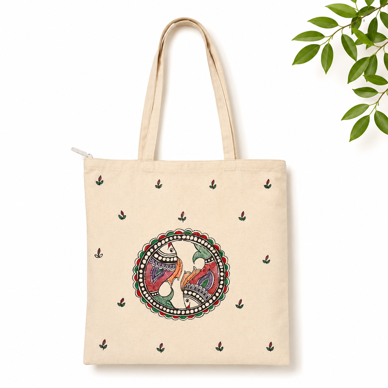 Hand-painted Madhubani cotton Tote Bag - Twin Fish Harmony