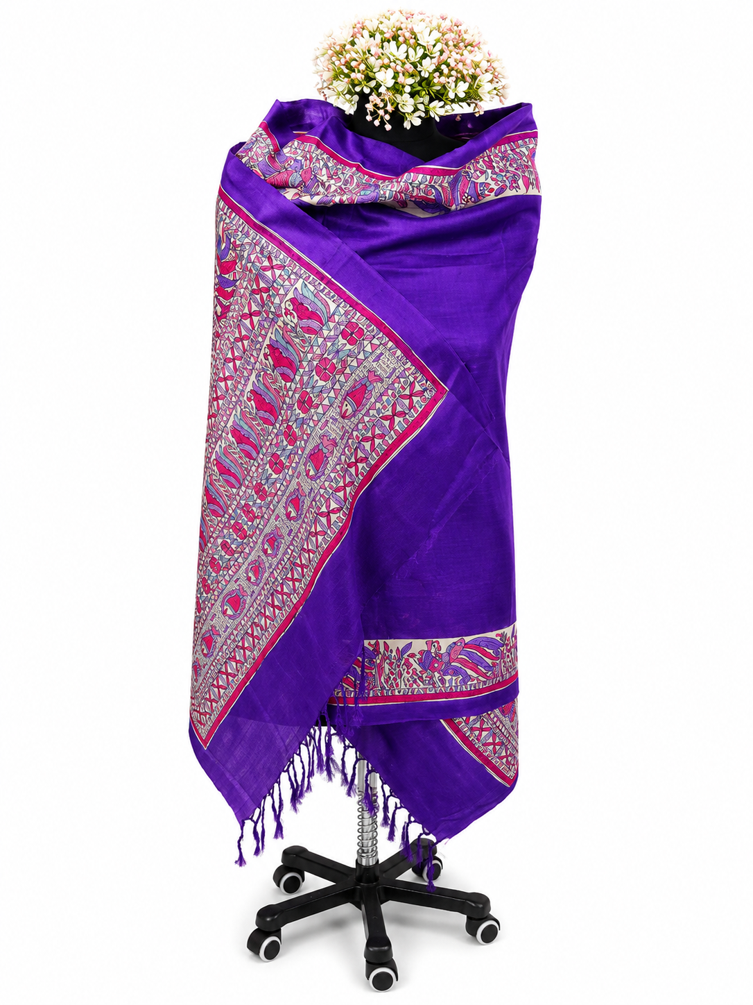 Hand-Painted Royal Mayur Madhubani Tussar Munga Silk Dupatta