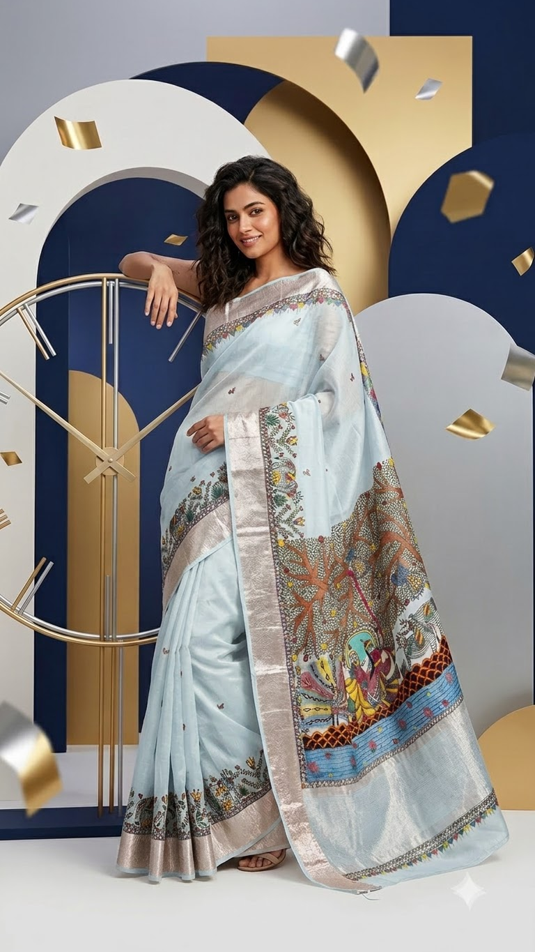 Hand-Painted Madhubani Premium Organza Radha Krishna Saree with Pearl Work & Zari Border