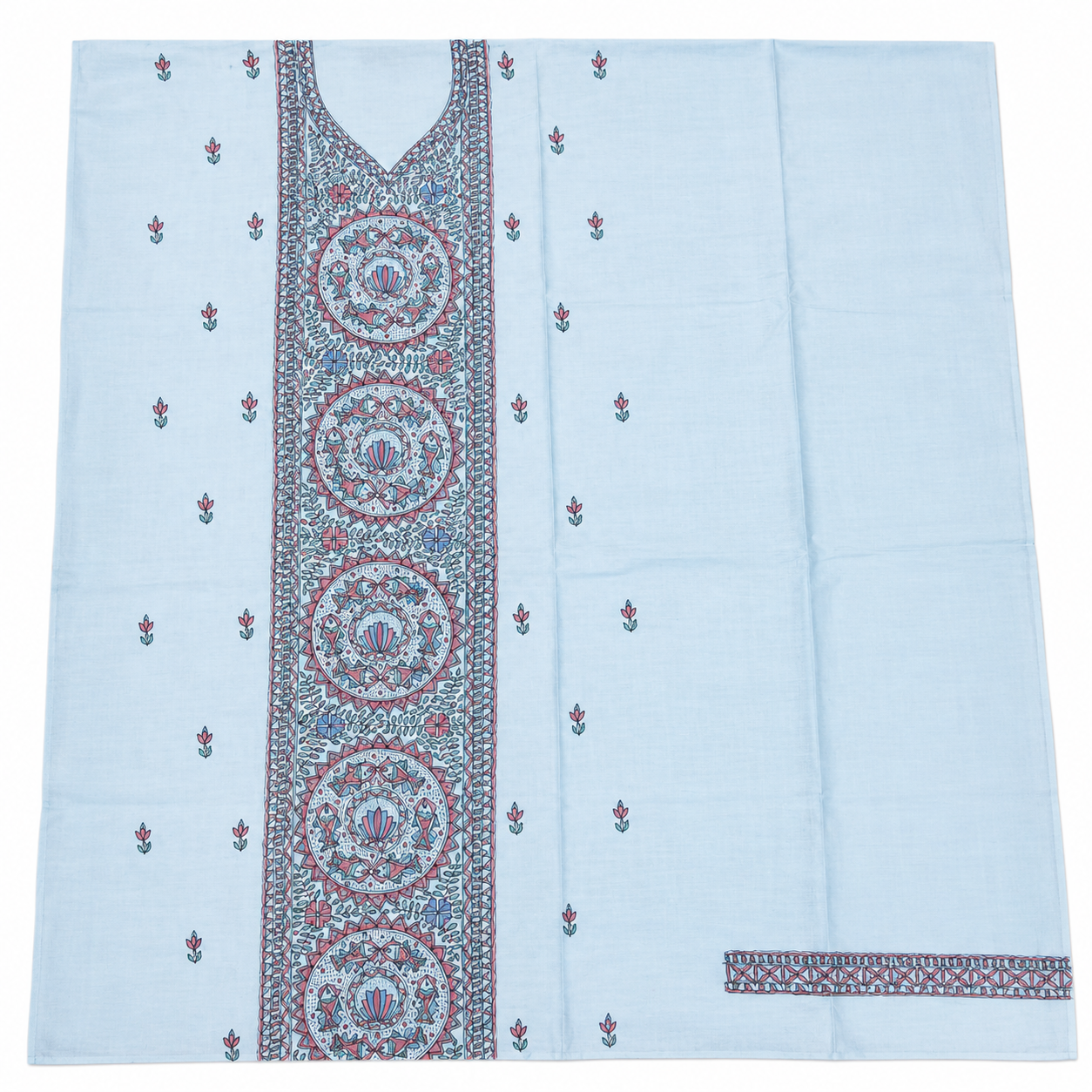 Hand-painted Madhubani Tussar Munga Silk Suit Set with Boutique Kurti, Aquatic and Botanical Artwork, Artistic Anchal Dupatta, Zari Border and Cotton Lower