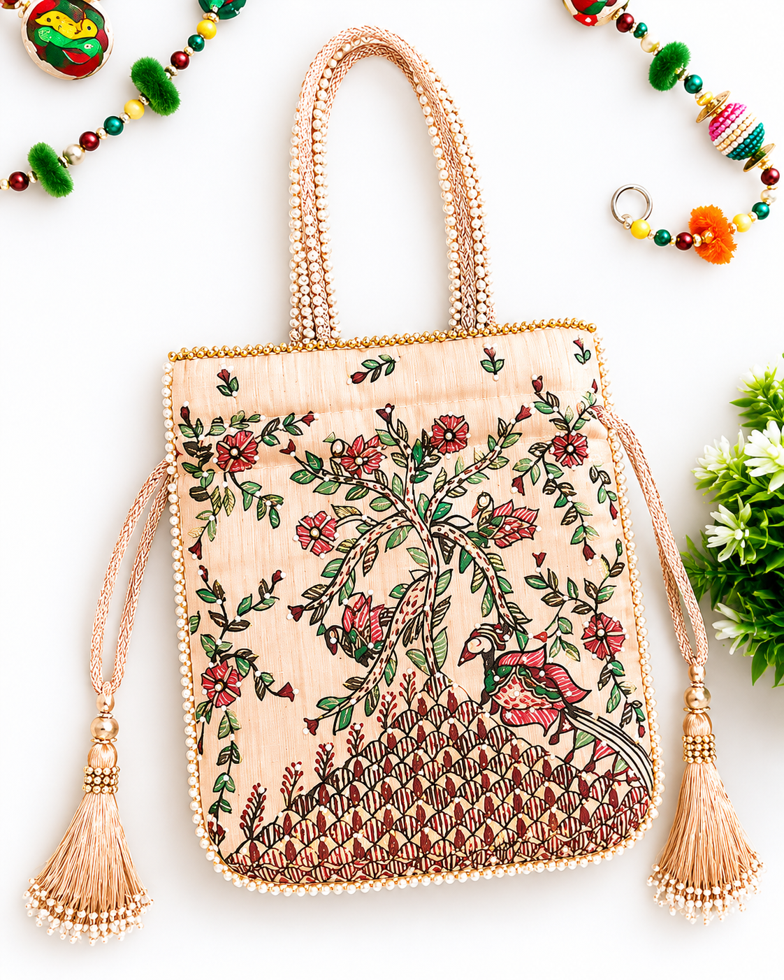 Hand-Painted Madhubani Tree of Life Potli on Beige Cream with Earthy Floral Print