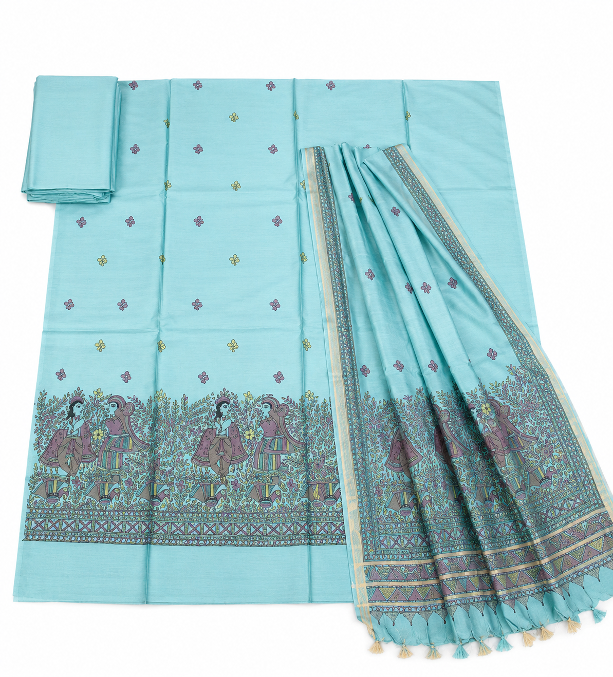 Hand-painted Tussar Munga Silk Suit Set with Radha Krishna Theme, Peacock and Fish-Inspired Artwork, Boutique Work and Matching Dupatta with Cotton Lower