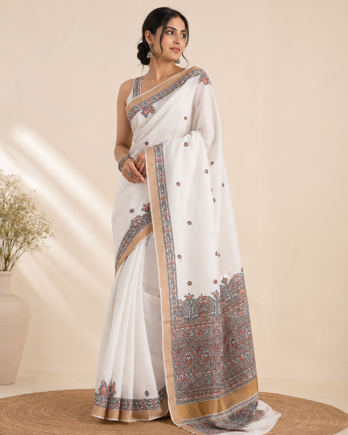 Hand-painted Ivory White Kerala Cotton Saree with Madhubani Art & Antique Zari Border