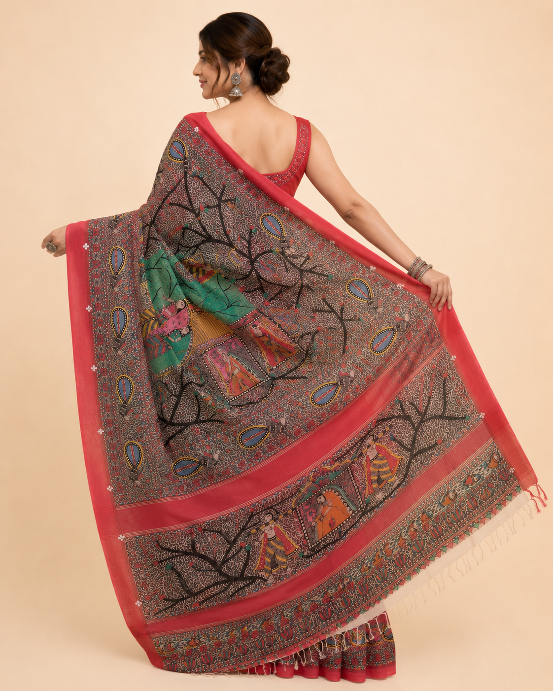 Hand-painted Desi Tussar Silk Saree with All-Over Madhubani Art, Doli Ka Haar Theme & Sujni Buti Border