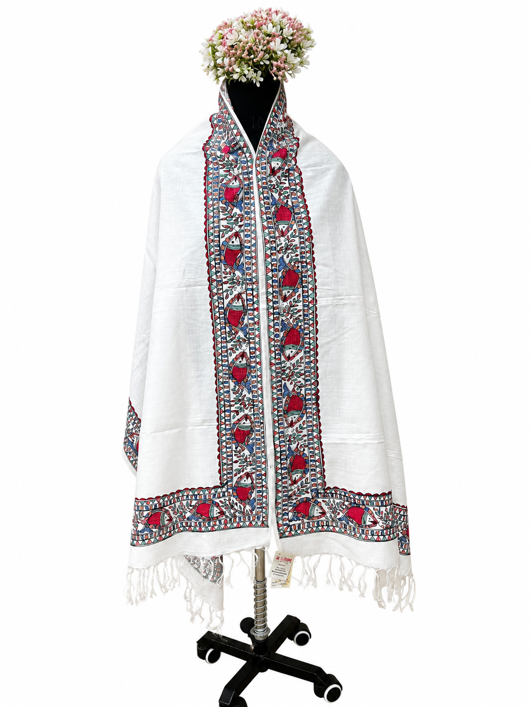 Premium White Tussar Munga Silk Hand-Painted Madhubani Fish Motif Stole