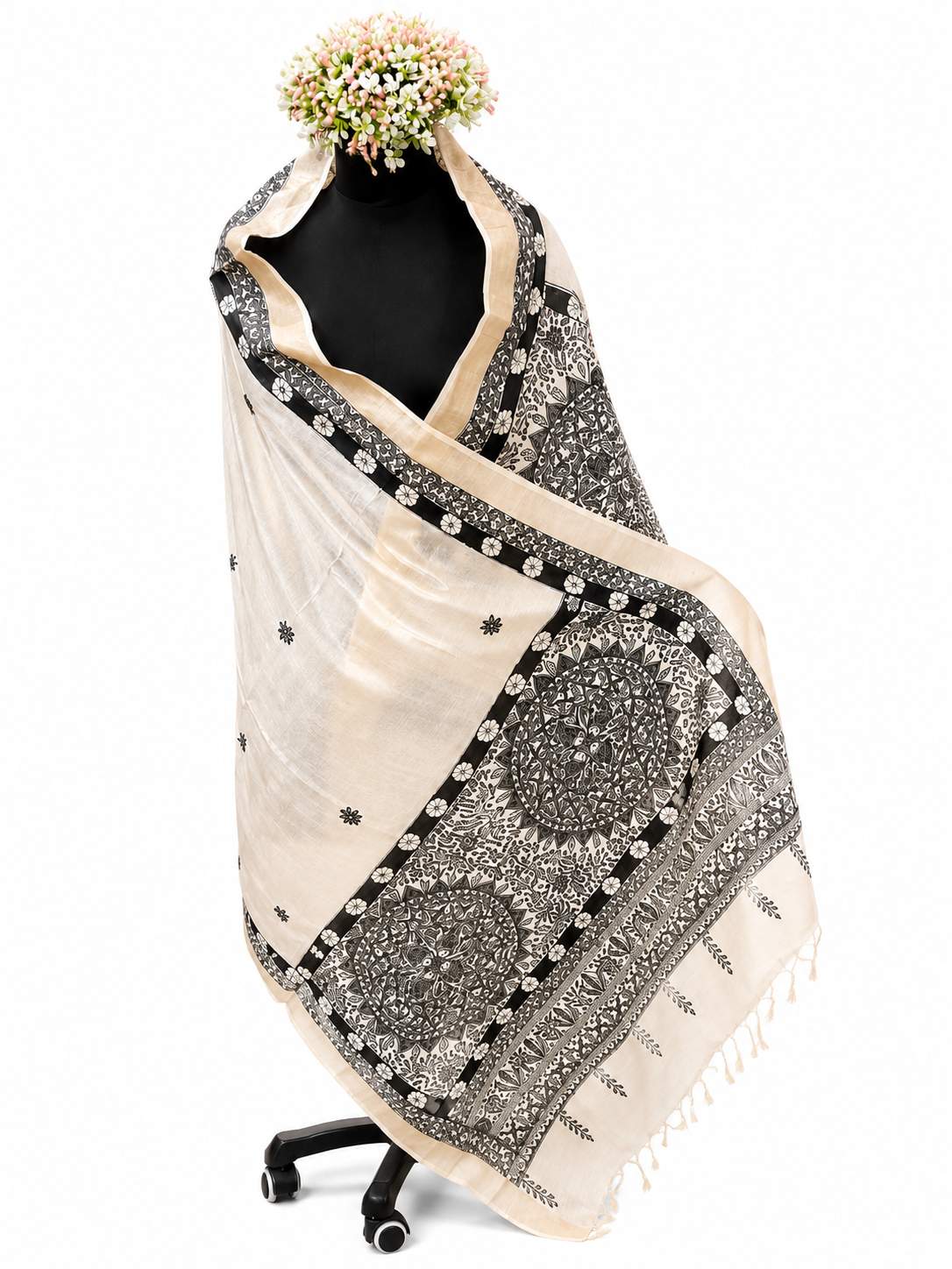 Handpainted Tussar Munga Silk Dupatta – Floral Vines and  Aquatic Artistry