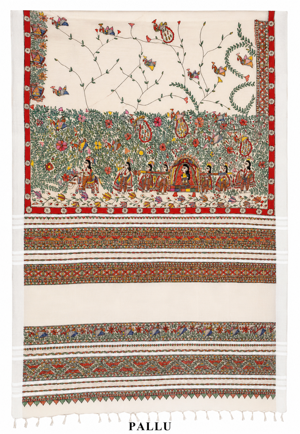 Hand-Painted Doli Ka Haar Madhubani Linen Cotton Saree with Bird Butis & Silver Zari Border in Natural Beige