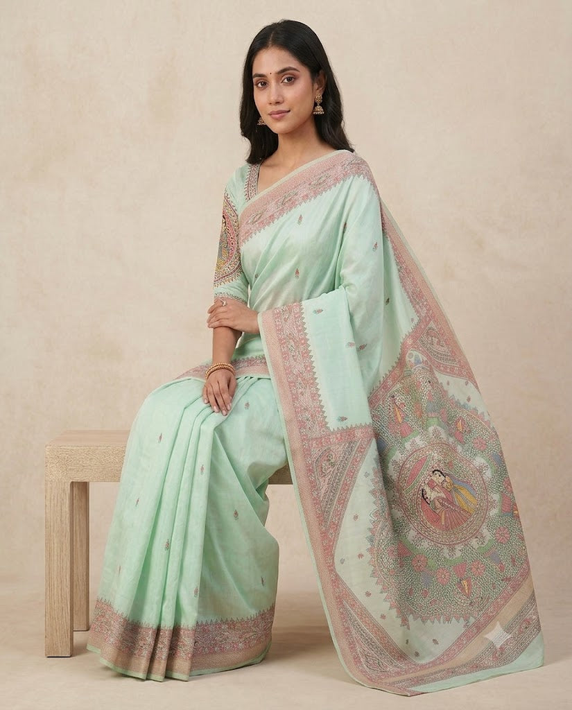Hand-painted Chanderi Madhubani Saree with Designer Zari Border in Pastel Mint Green