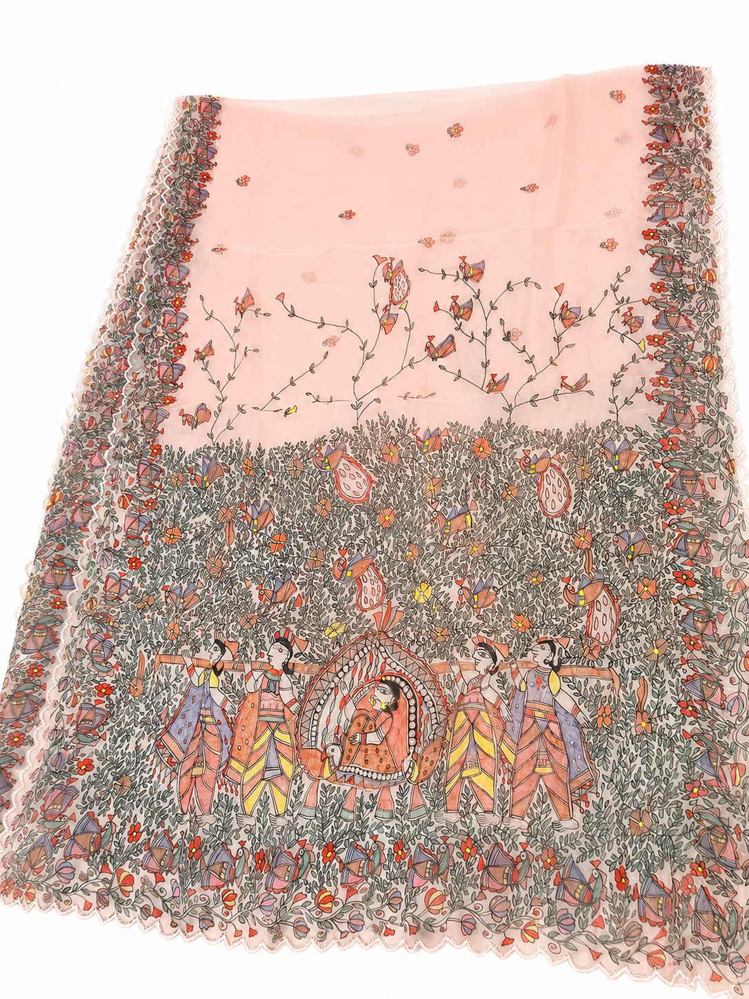 Hand-painted Organza Madhubani Saree – Doli Ka Haar Theme with Cutdana Work & Scalloped Border