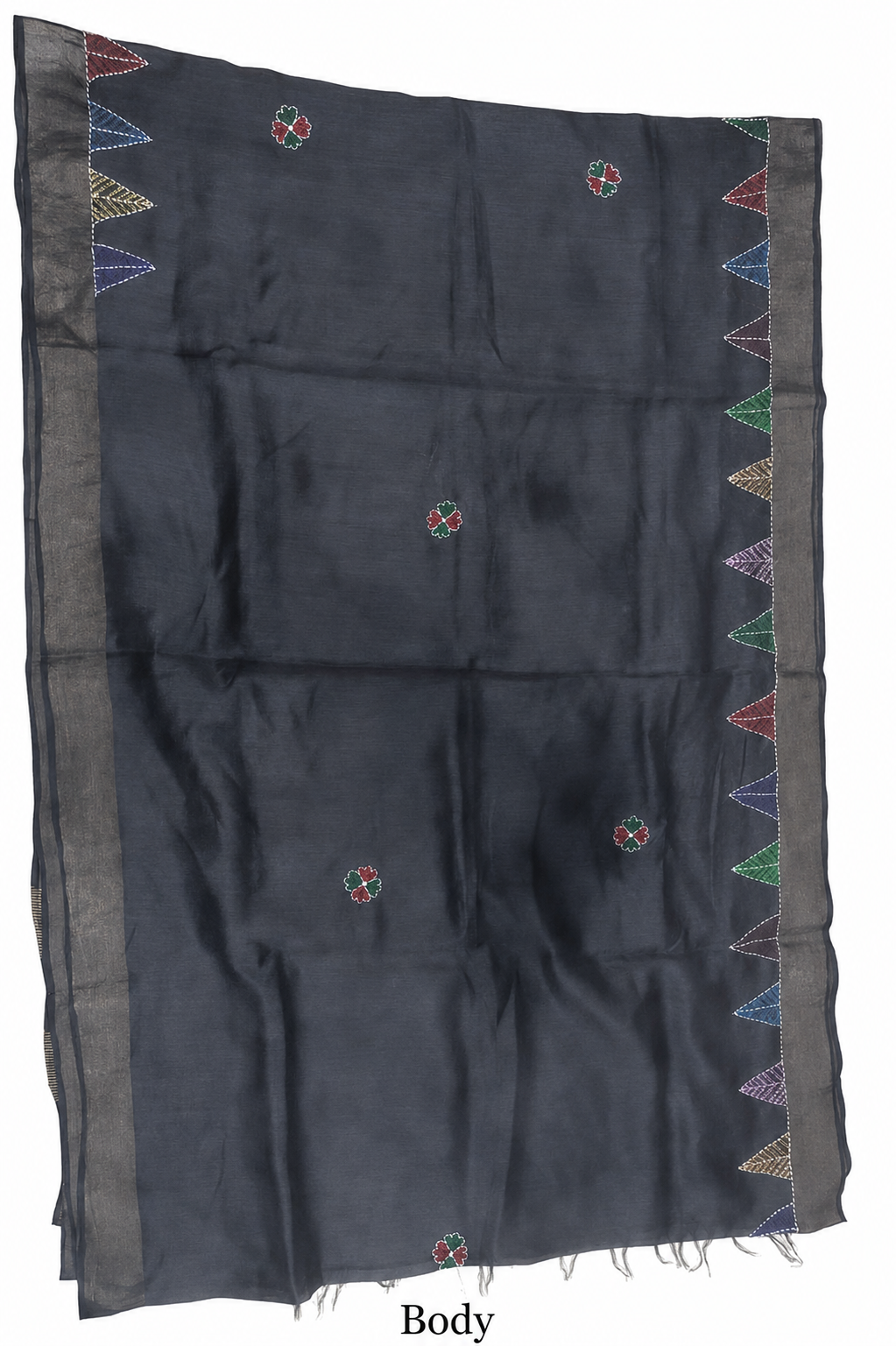 Hand-painted Tussar Munga Silk Saree with Sujani Embroidery & Antique Gold Zari Border in Jet Black
