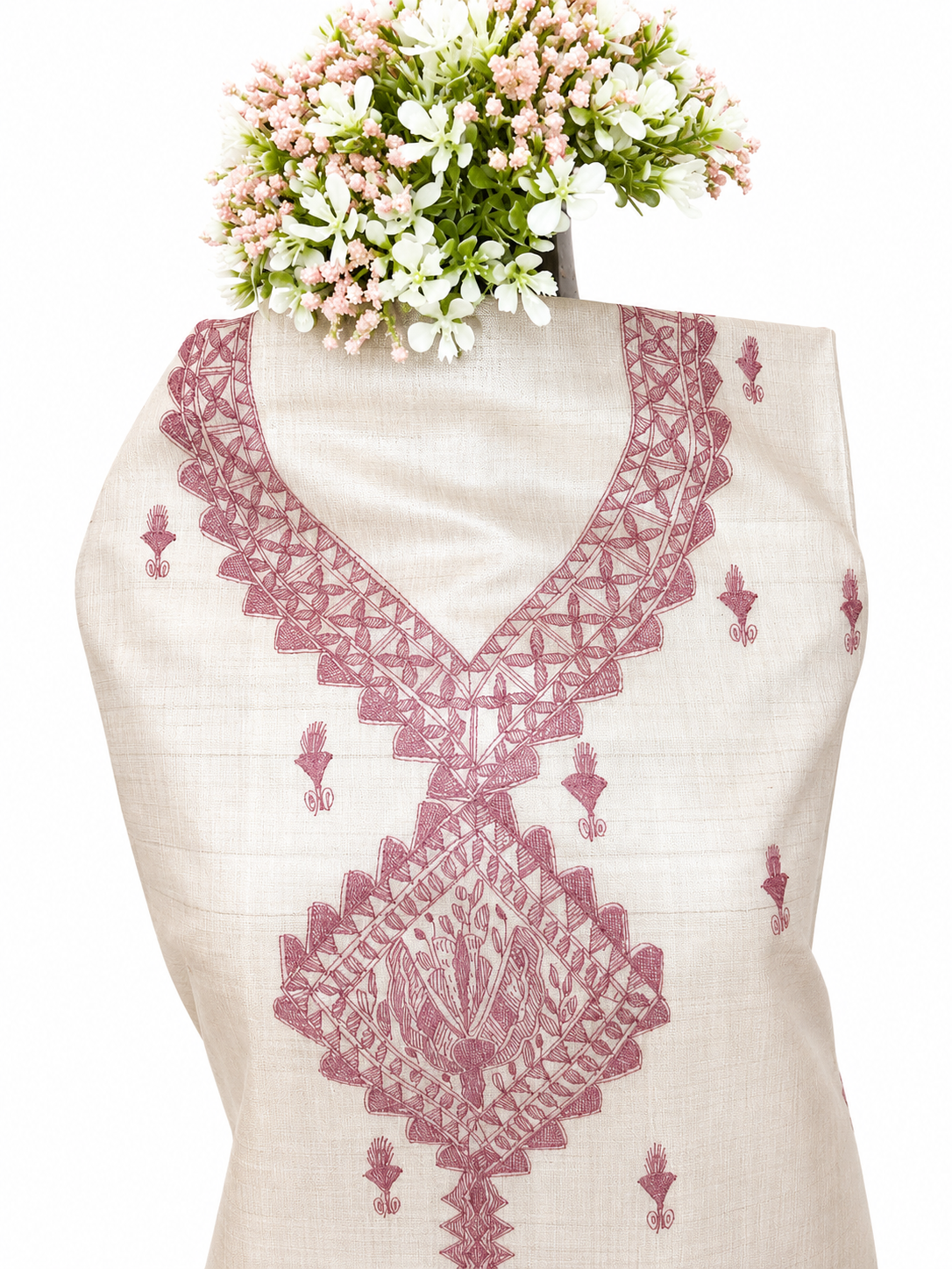 Hand Painted Madhubani Desi Tussar Silk Suit Set with Boutique Work Kurti and Matching Madhubani Bordered Dupatta