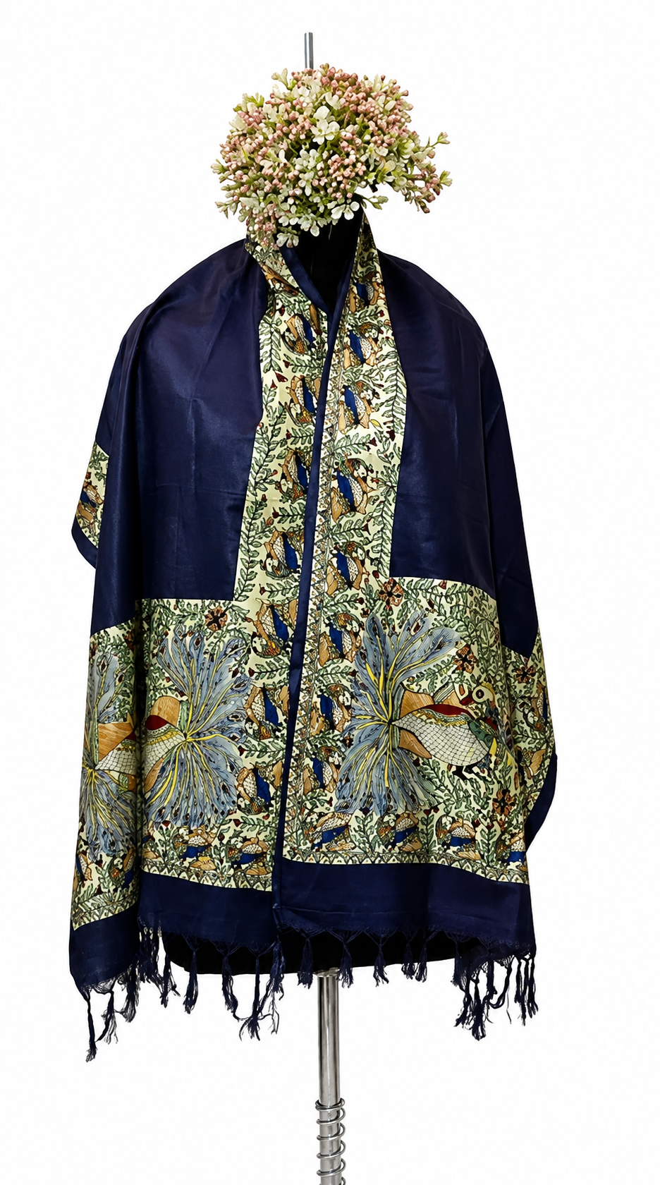 Handpainted Madhubani Tussar Munga Silk Stole with Peacock Motifs