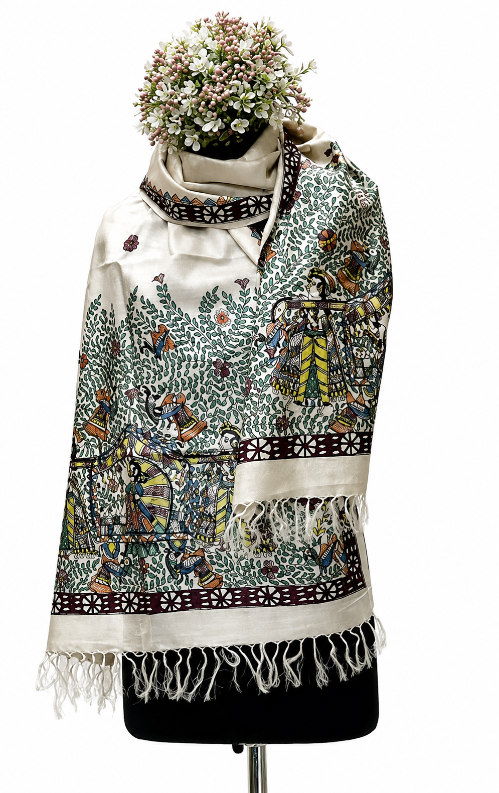 Handpainted Madhubani Tussar Munga Silk Stole with Doli Ka Haar, Peacock, and Floral Motifs