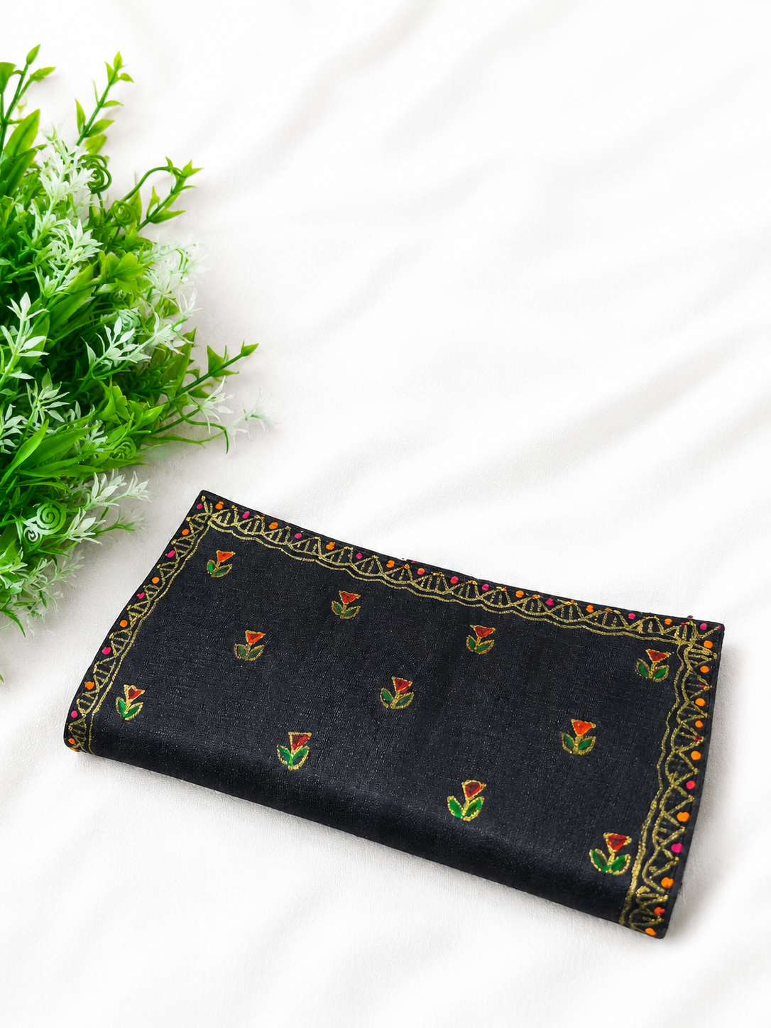 Hand-painted Black Dual-Sided Madhubani Art Clutch Purse with Folk Bird & Floral Motif