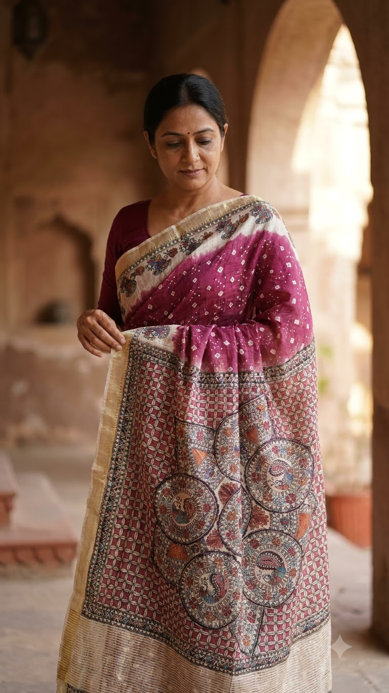 Premium Dark Mauve Tussar Munga Silk Bandhani Hand-Painted Madhubani Saree with Geometric Mandala Artwork