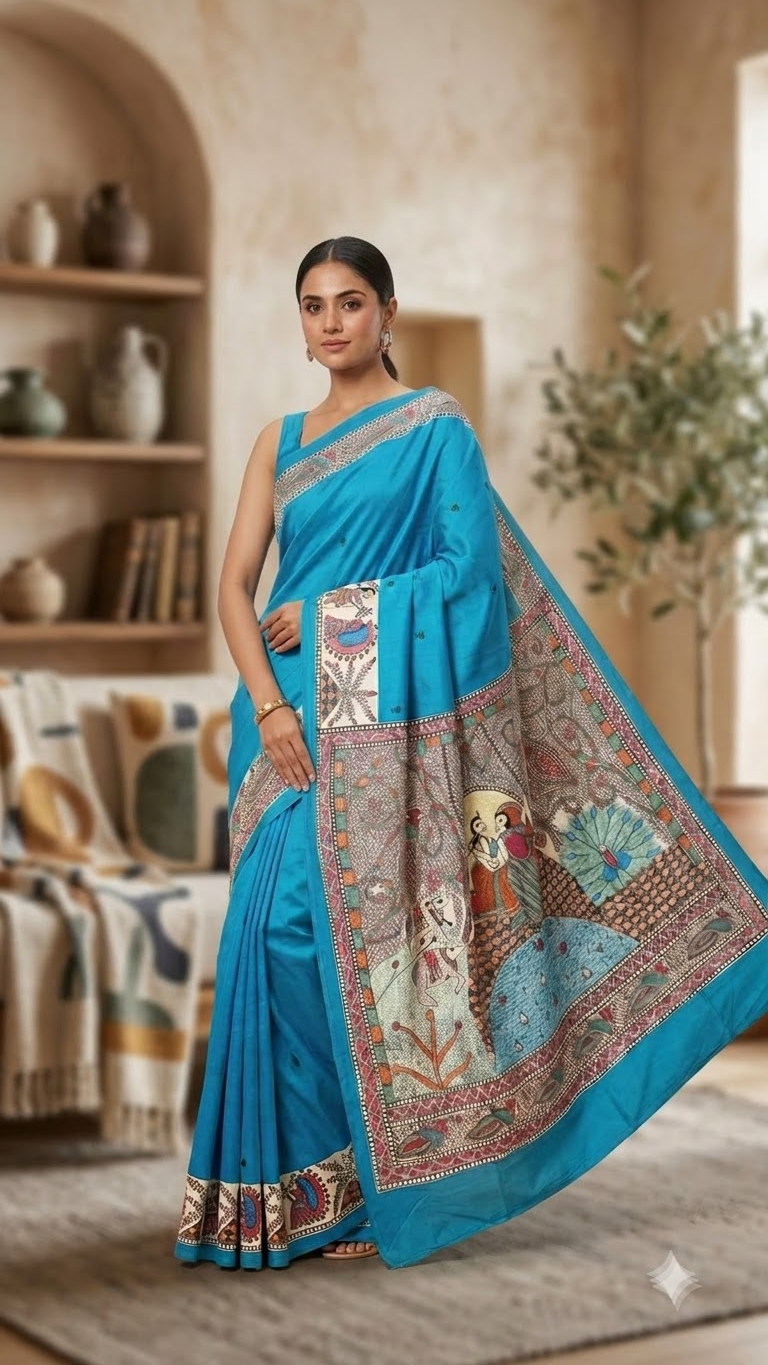 Premium Bright Blue Tussar Munga Silk Hand-Painted Madhubani Saree with Grand Radha Krishna Pallu