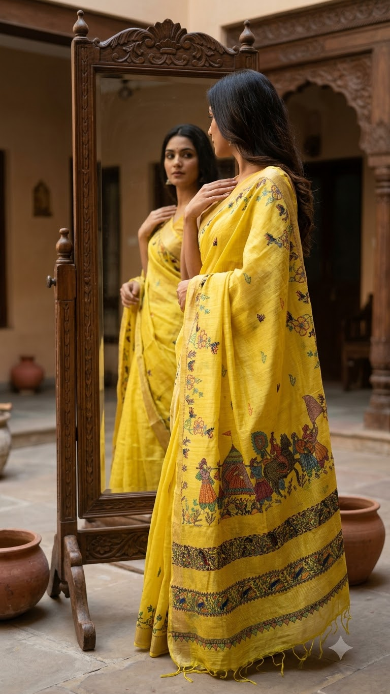 Premium Yellow Tussar Munga Silk Hand-Painted Madhubani & Handcrafted Sujani Saree with Grand Doli Baarat Pallu