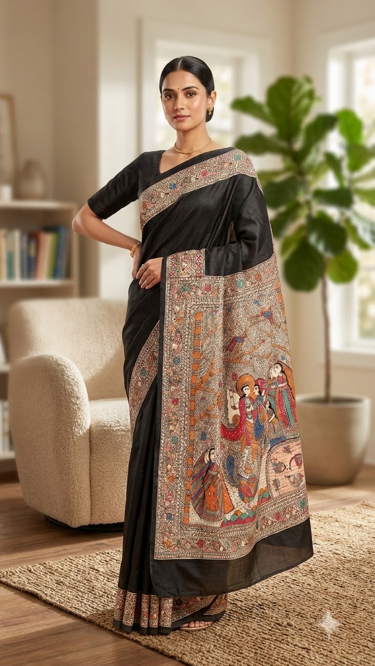 Premium Smokey Black Tussar Munga Silk Hand-Painted Madhubani Saree with Grand Radha Krishna Pallu
