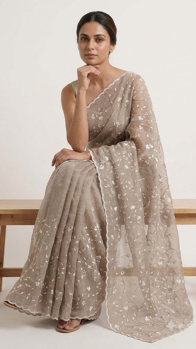 Hand-crafted Premium Desi Tussar Silk Saree with All-Over Appliqué and Patti Work