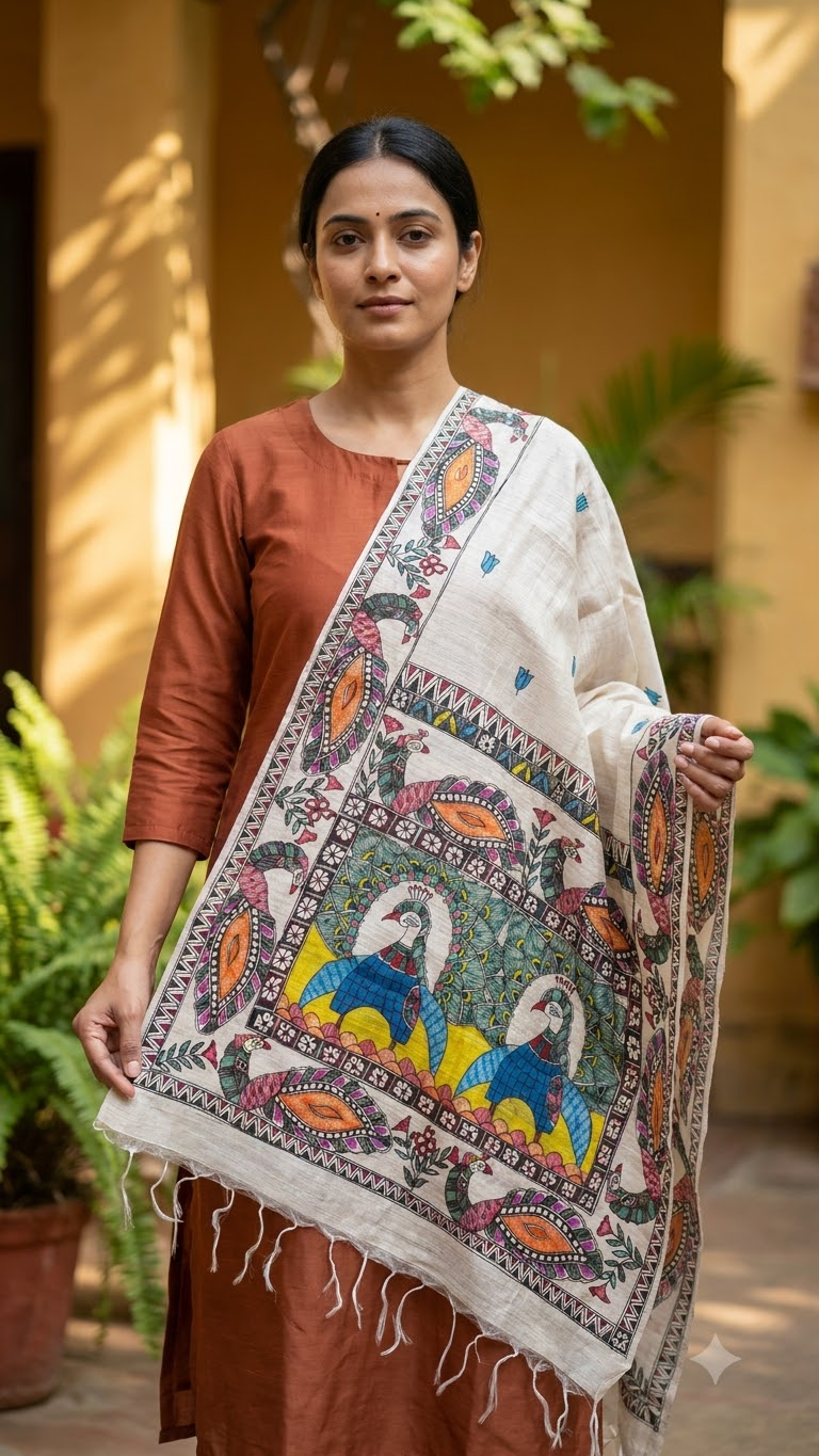 Hand-Painted Natural Tussar Munga Silk Stole with Twin Peacock Panel, Lotus Buti & Ornamental Floral Border