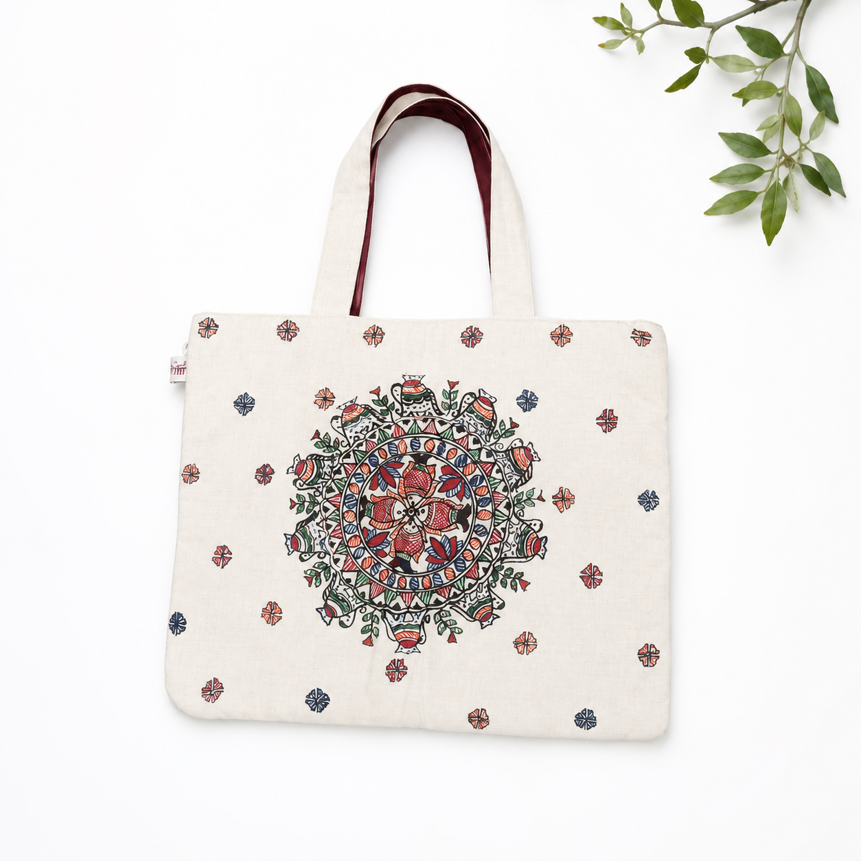 Hand-crafted Beige Cotton Tote with Madhubani Mandala Design