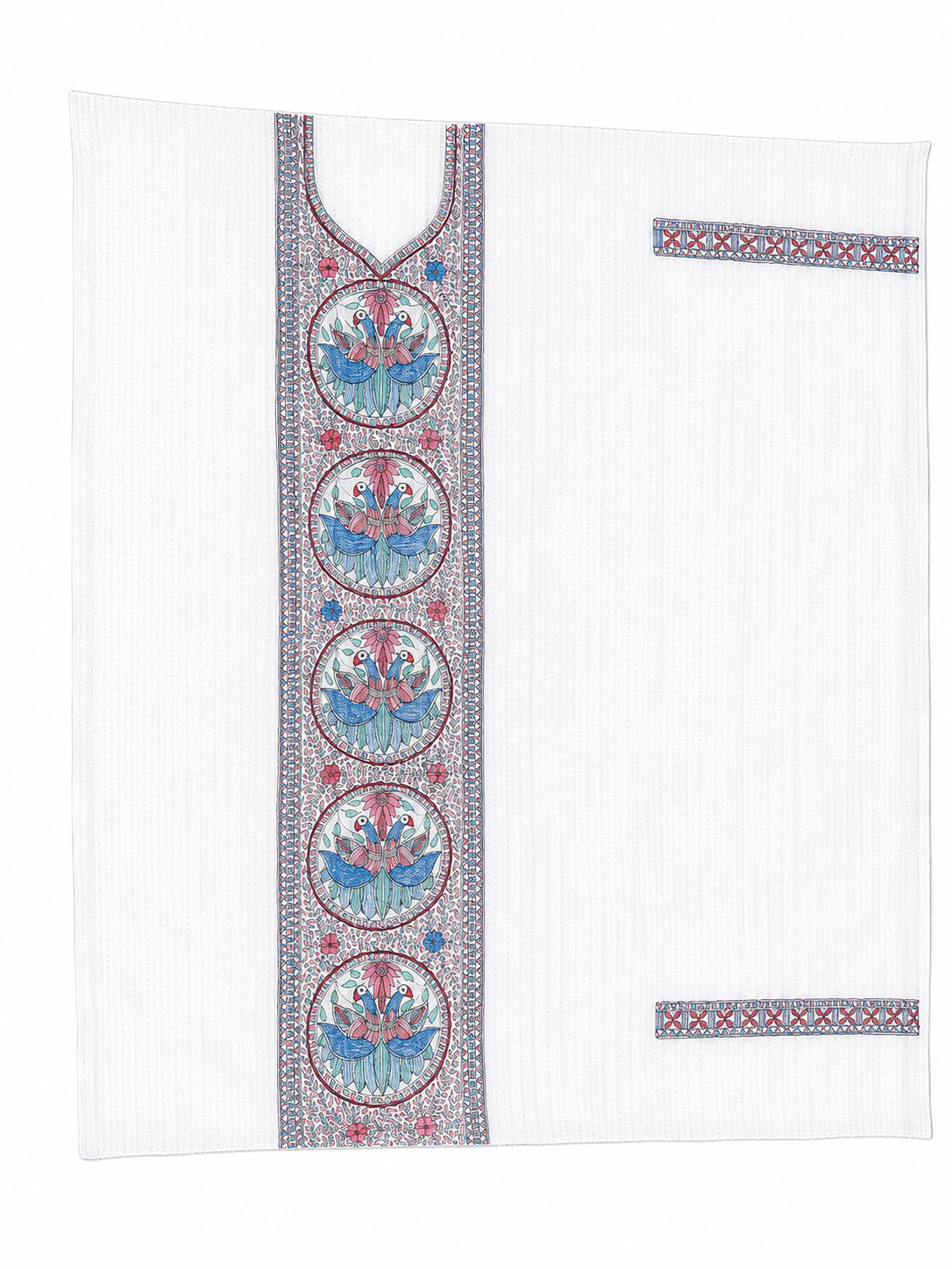 Hand-painted Madhubani Chanderi Suit Set with Mithila Panel Artwork, Peacock-Inspired Detailing, Cutwork Kurti and Leheriya Dupatta with Zari Border