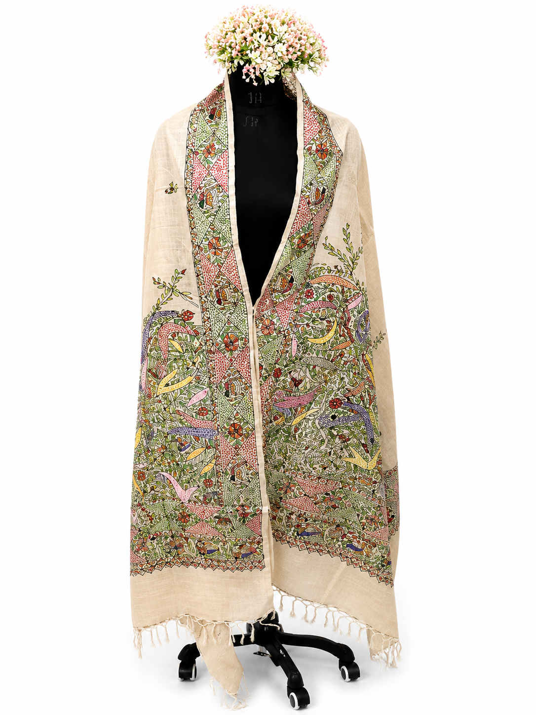 Hand-Woven Desi Tussar Silk Dupatta – Sujani and Madhubani Artistry