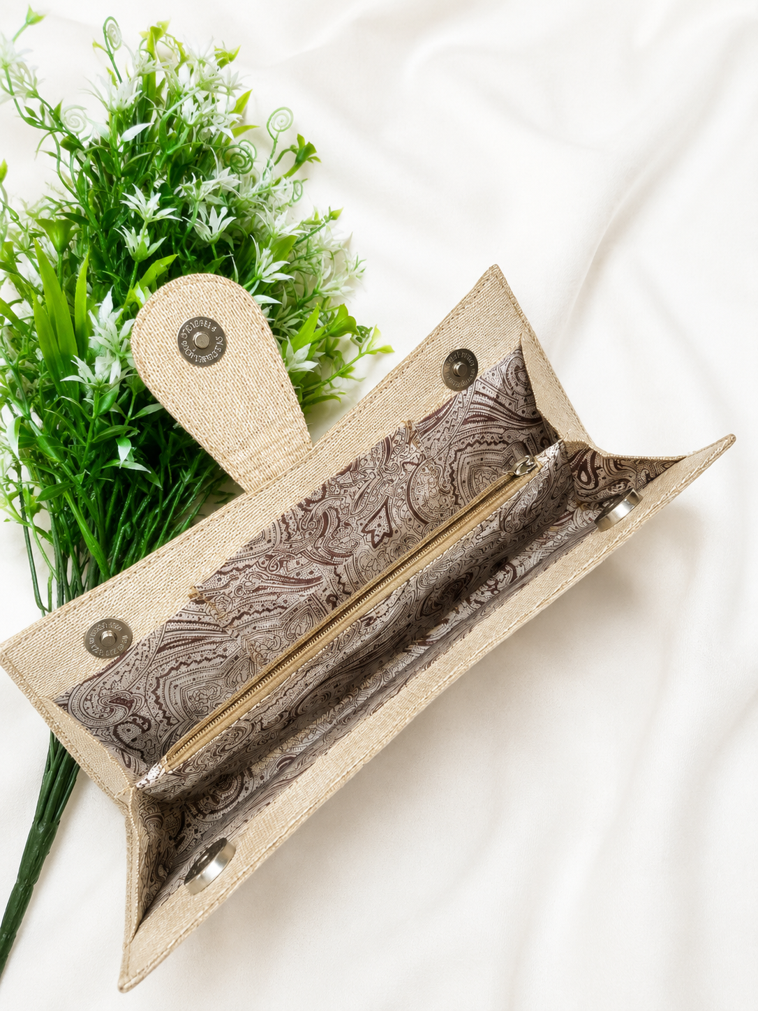 Hand-painted Beige Madhubani Dual Design Bird Envelope Clutch Silk Canvas Clutch