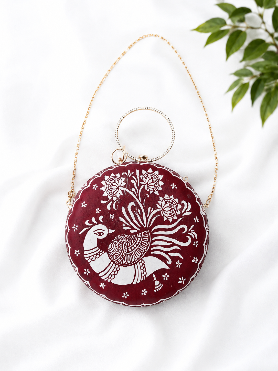 Hand-painted Madhubani Peacock & Dancing Doll Round Clutch Bag