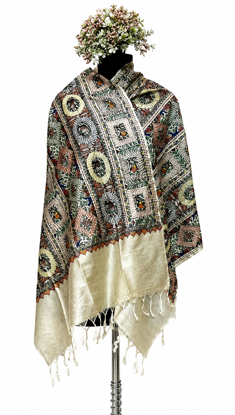 Handpainted Madhubani Tussar Munga Silk Stole with Sujani Work, Elephant & Peacock Motifs