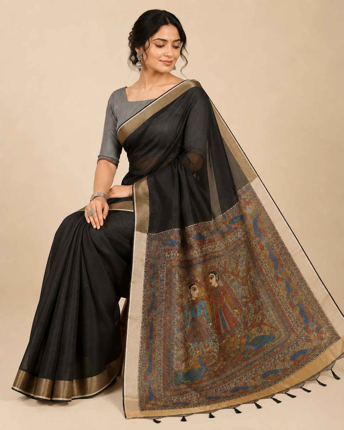 Hand-painted Madhubani Radha Krishna Smoky Grey Saree with Gold Zari Border