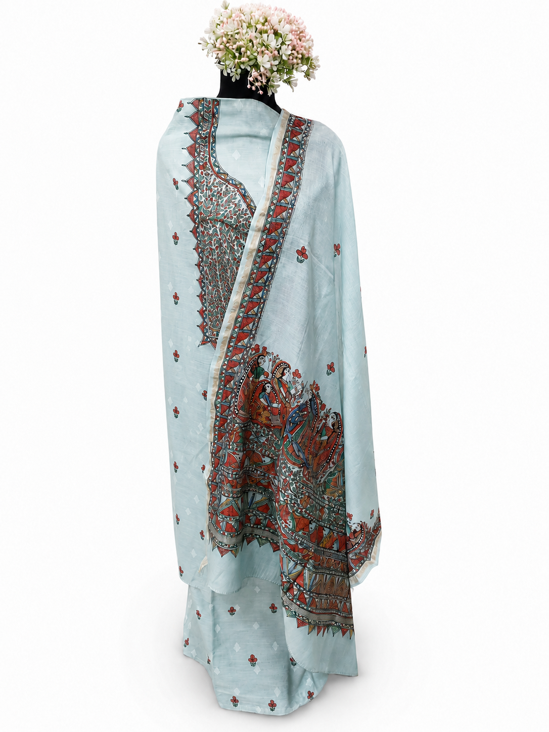 Hand-painted Madhubani Chanderi Suit Set with Boutique Work Kurti, Artistic Fish-Inspired Dupatta and Zari Border