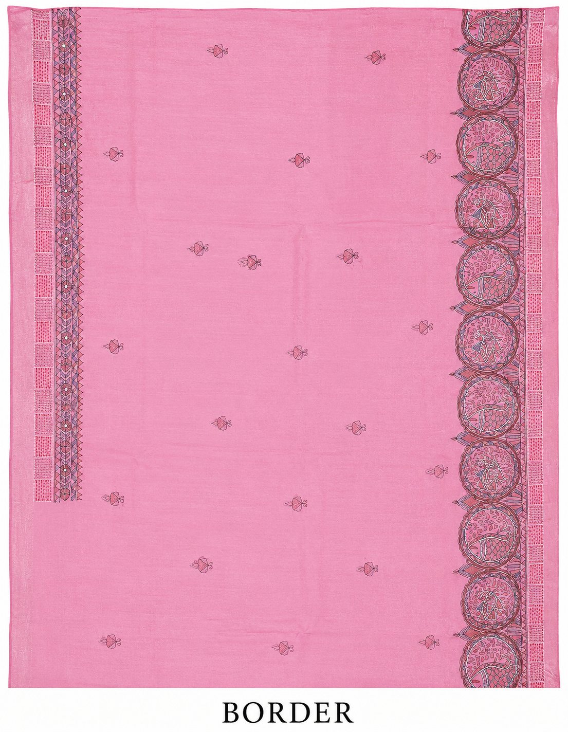 Hand-painted Tussar Munga Silk Saree with Sujani Folk Art, Mandala Peacock Pallu & Rich Zari Border - Rose Pink