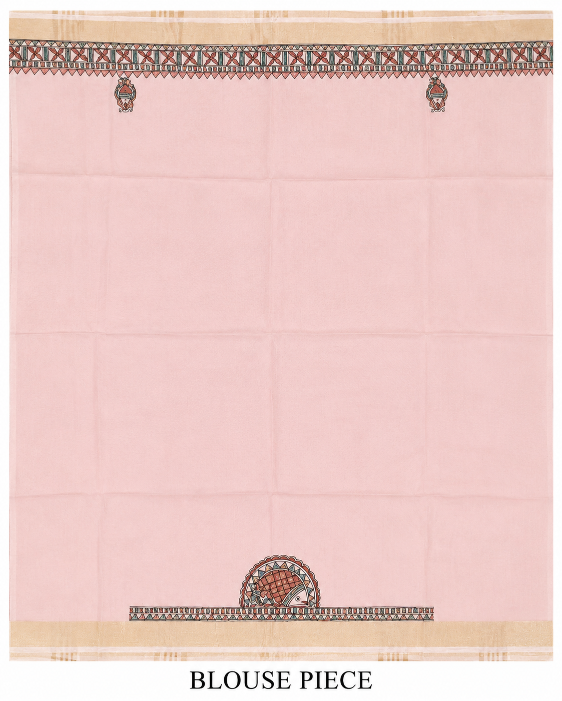 Hand-painted Blush Pink Dancing Doll Madhubani Cotton Silk Saree with Fish Motif Zari Border