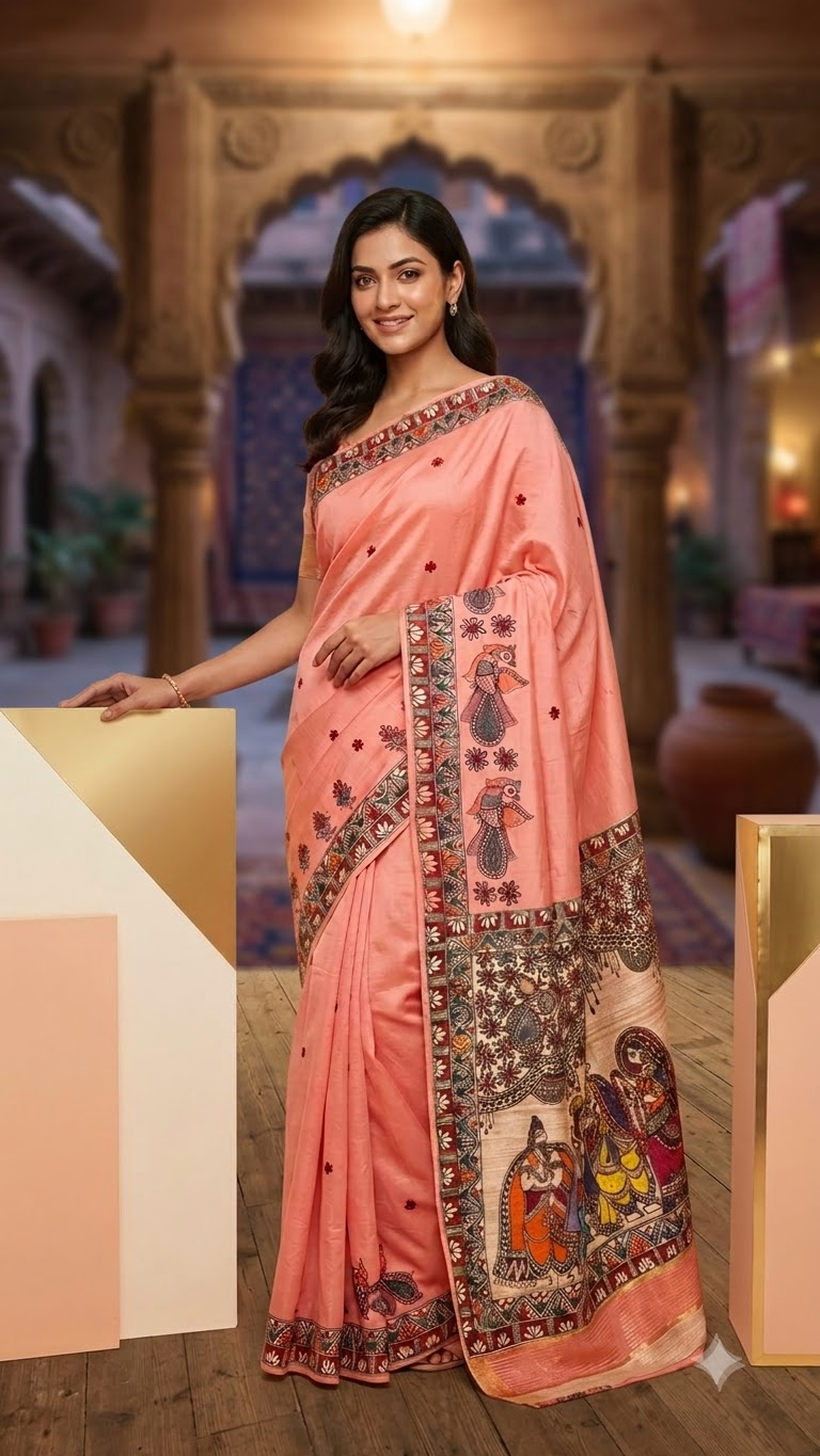 Premium Peach Pink Ghicha Staple Silk Hand-Painted Madhubani Saree with Grand Ram Vivah Pallu