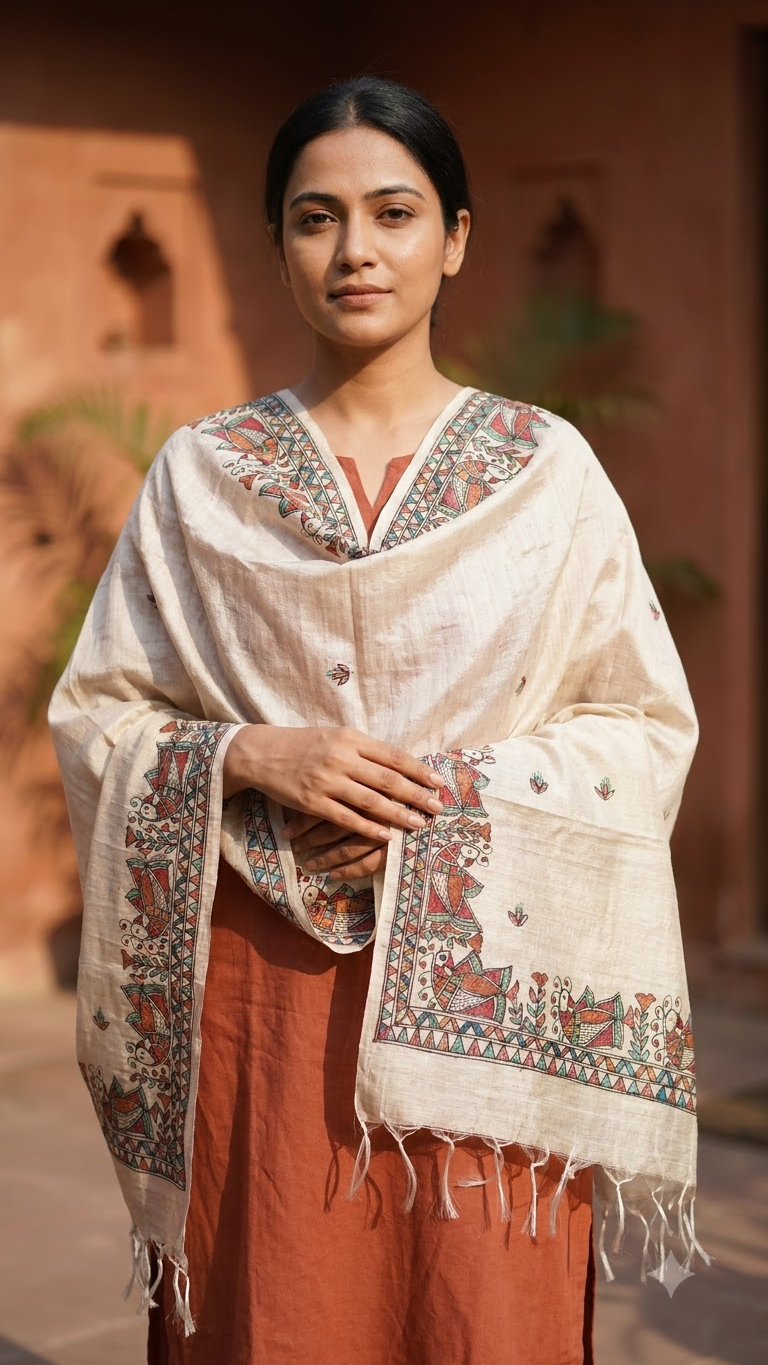 Hand-Painted Beige Tussar Munga Silk Madhubani Stole with Peacock Border & Buti Design