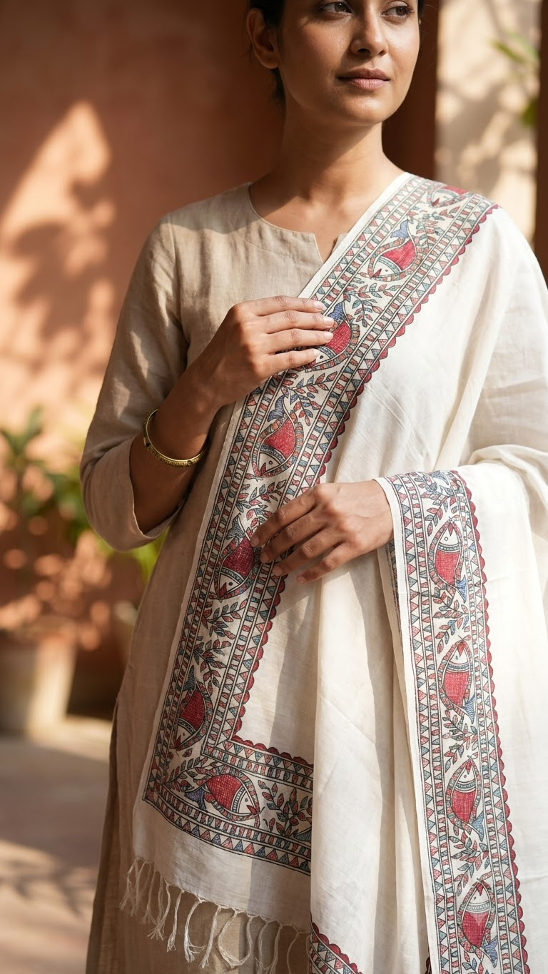 Premium White Tussar Munga Silk Hand-Painted Madhubani Fish Motif Stole
