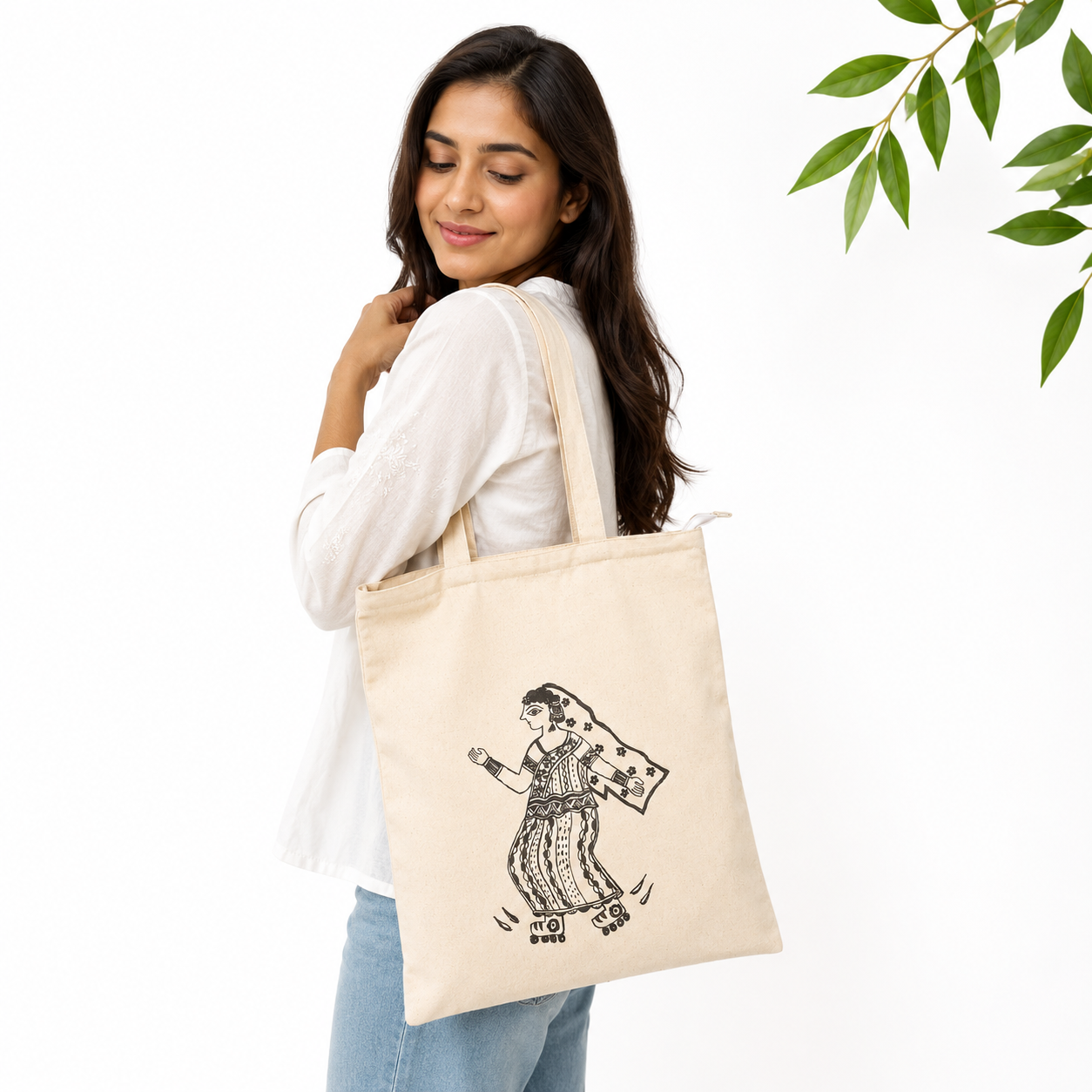 Hand-Painted Madhubani Cotton Tote Bag - Grace In Motion