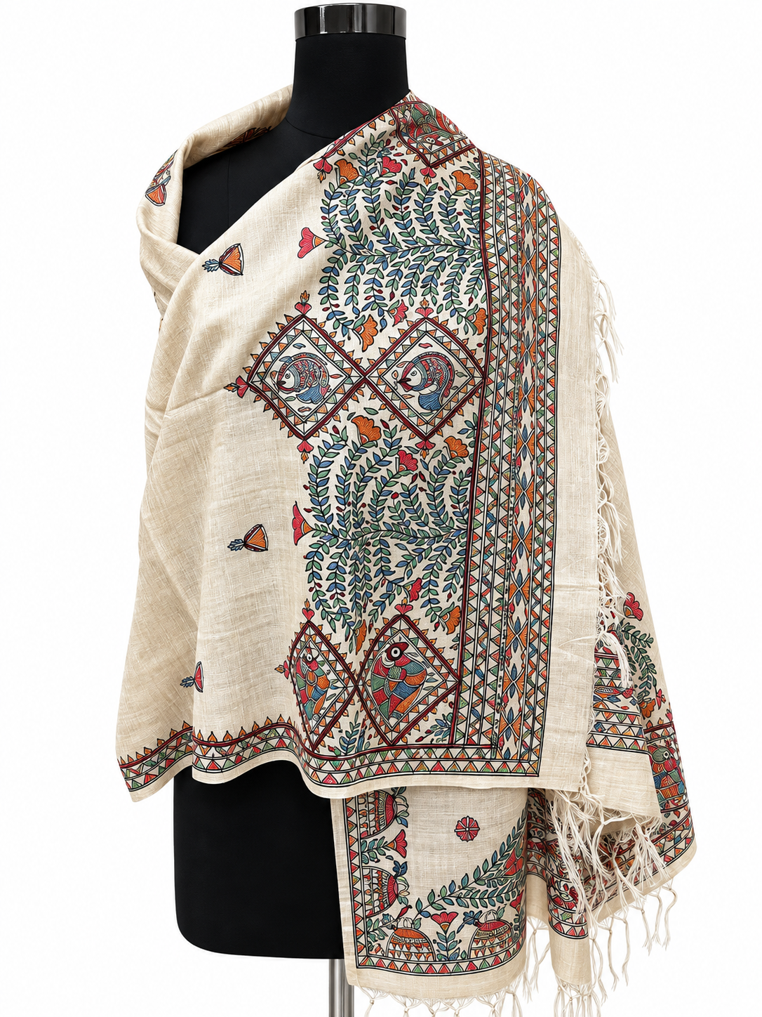 Hand-Painted Beige Tussar Munga Silk Stole with Peacock & Fish Motifs, Floral Vine Design and Buti Work