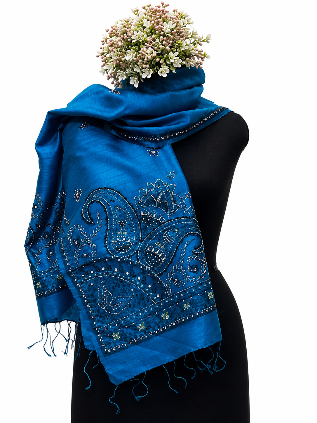Handpainted Madhubani Dupion Silk Stole with Sujani & Flora-Fauna Motifs