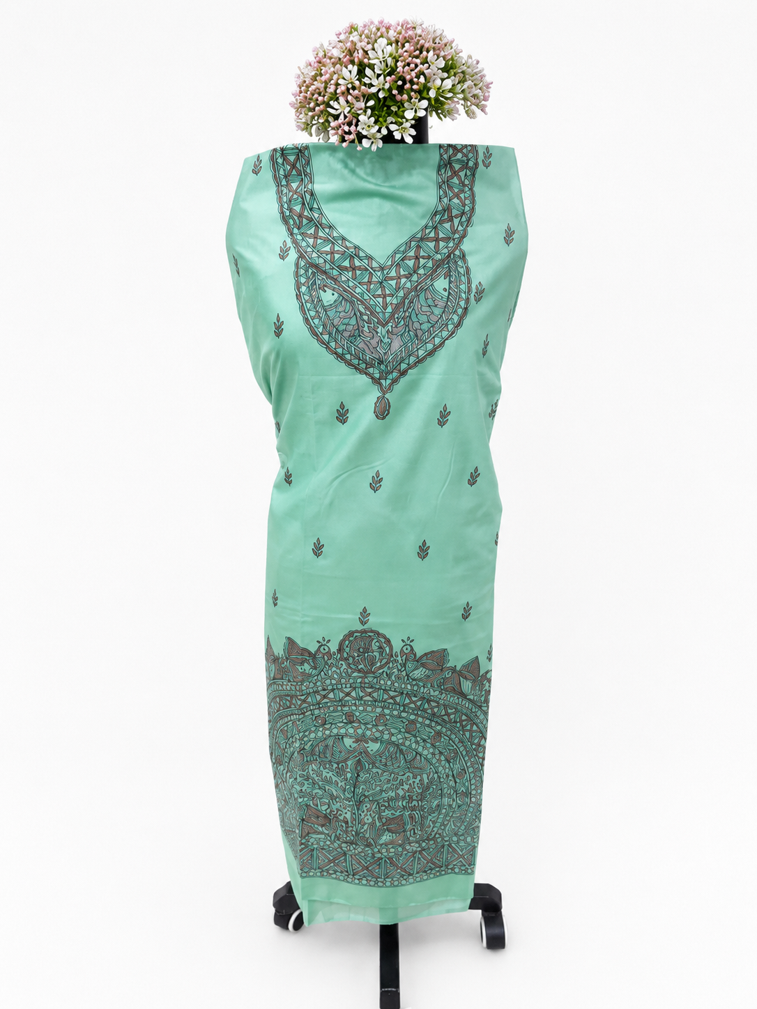 Hand Painted Madhubani Tussar Munga Silk Suit Set with Tree of Life, Bird and Peacock-Inspired Artwork, Boutique Work and Traditional Mithila Border Art